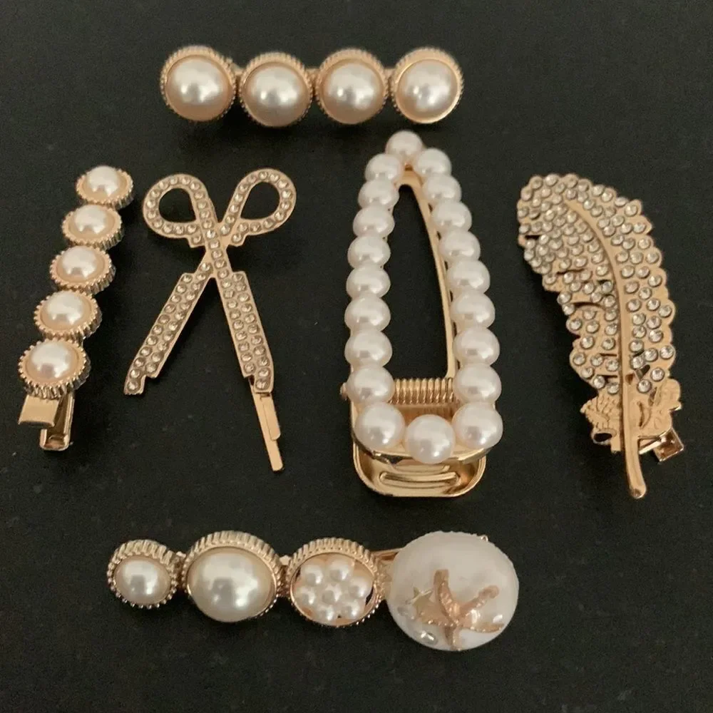 Set of 6 Pearl and Rhinestone Hair Clips Starfish Scissors Feather
